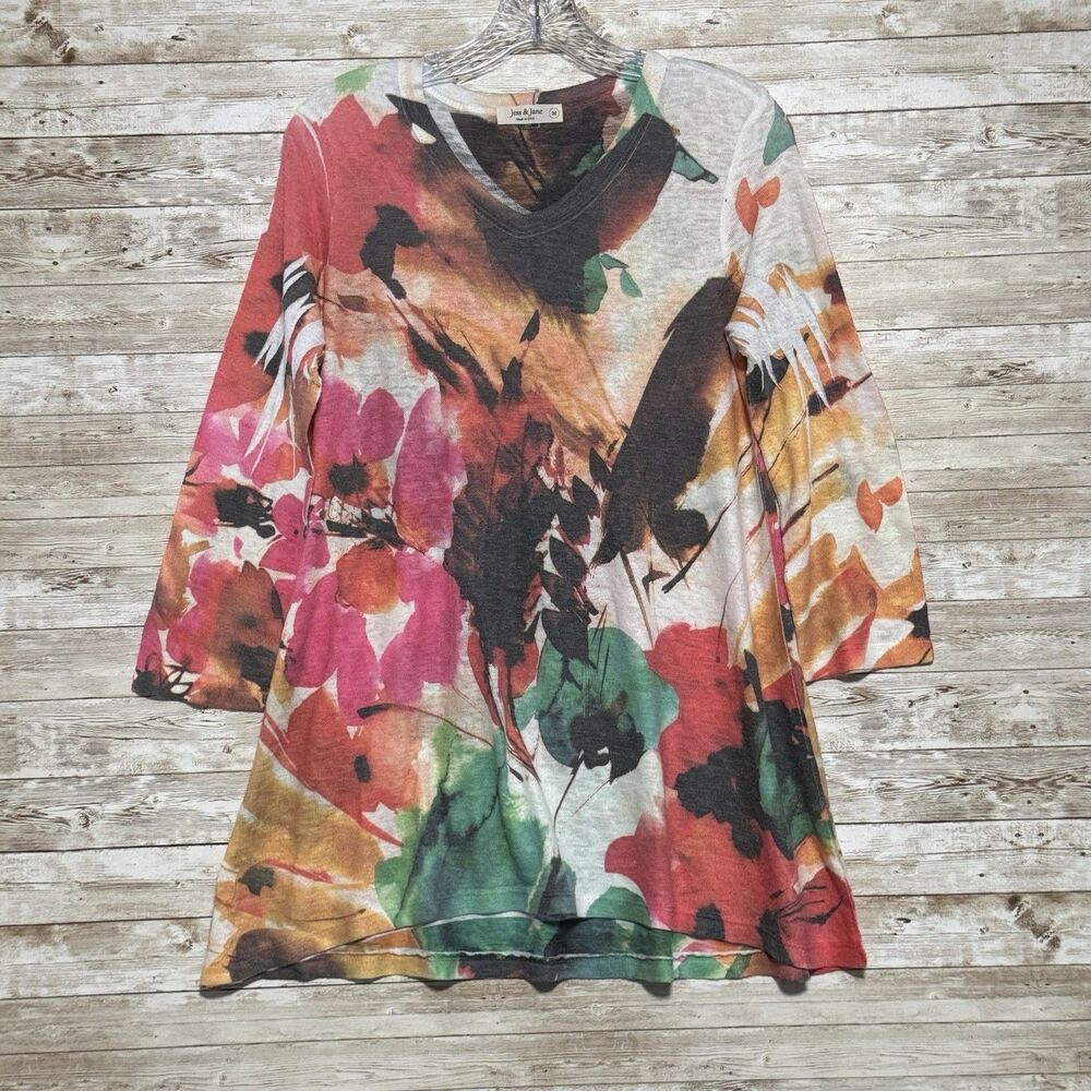 Jess & Jane Multicolor Abstract Floral Print 3/4 Sleeve Tunic Top V-neck Sz M